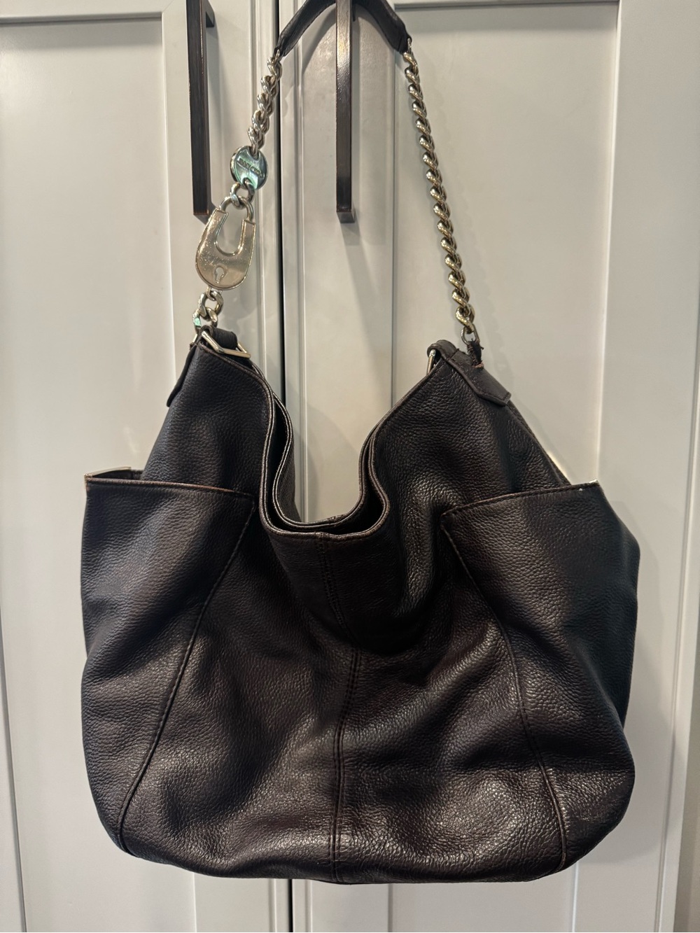 Jimmy Choo Dark Brown Leather Hobo Bag Silver Hardware Flaws Rare
